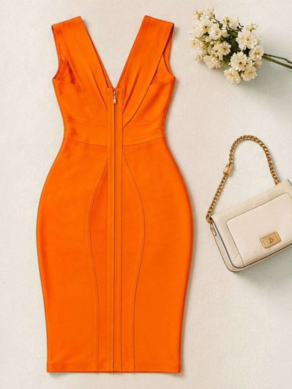 Premium Orange Bandage Bodycon Midi Dress Figure-Flattering Fit | Size M - Picture 8 of 9